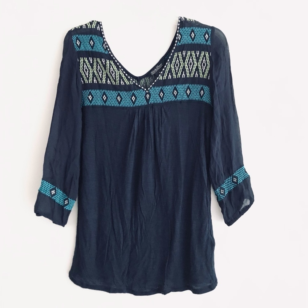Lucky Brand | Aztec Print Pullover Top Womens Small Blue V-neck Sheer Size S